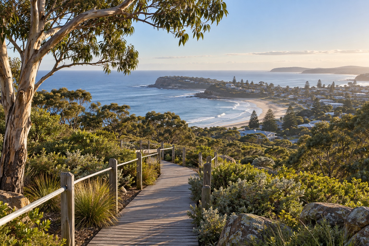 Illustrative boardwalk through coastal eucalyptus toward an Australian township