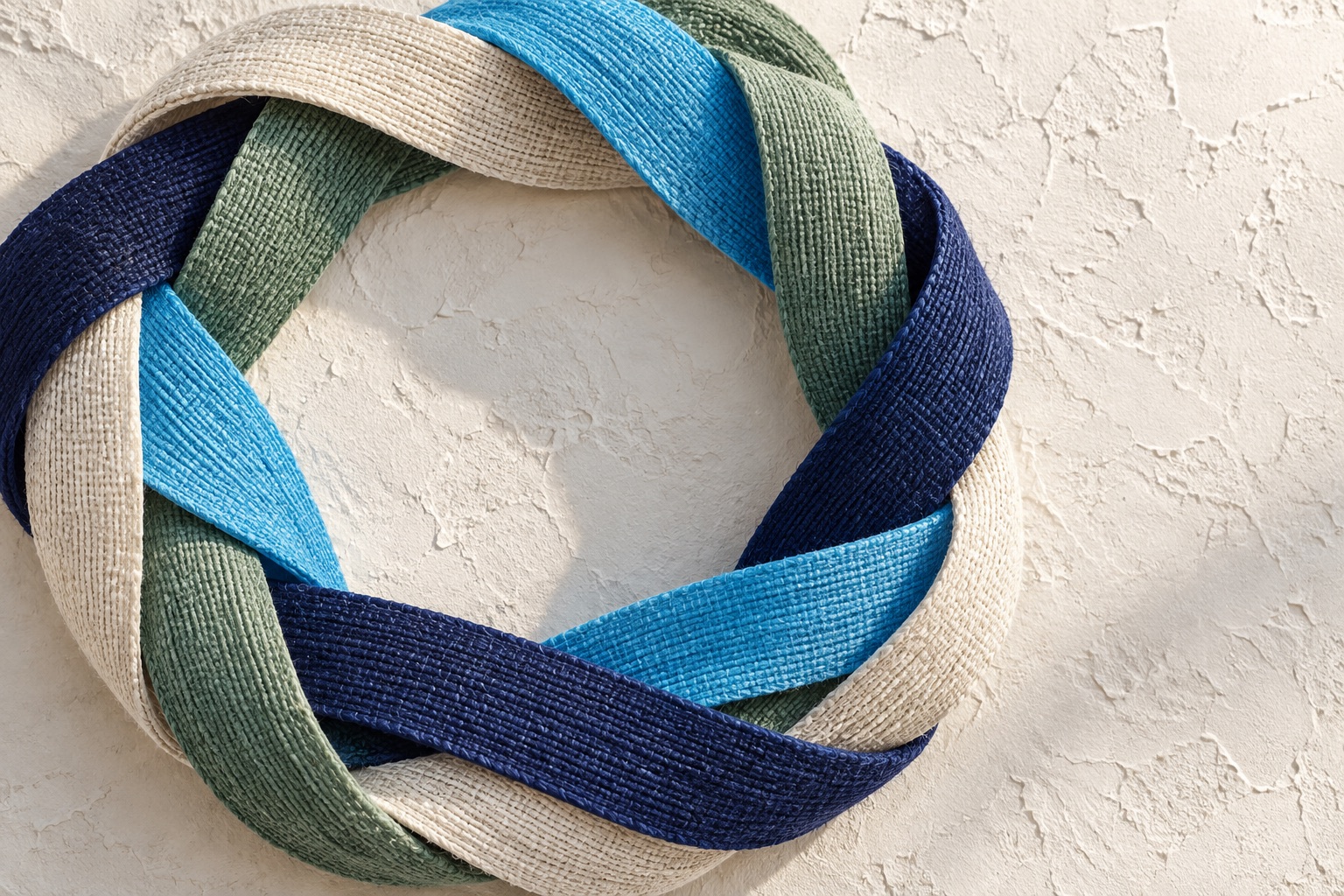 Abstract interwoven blue, green and ivory fabric