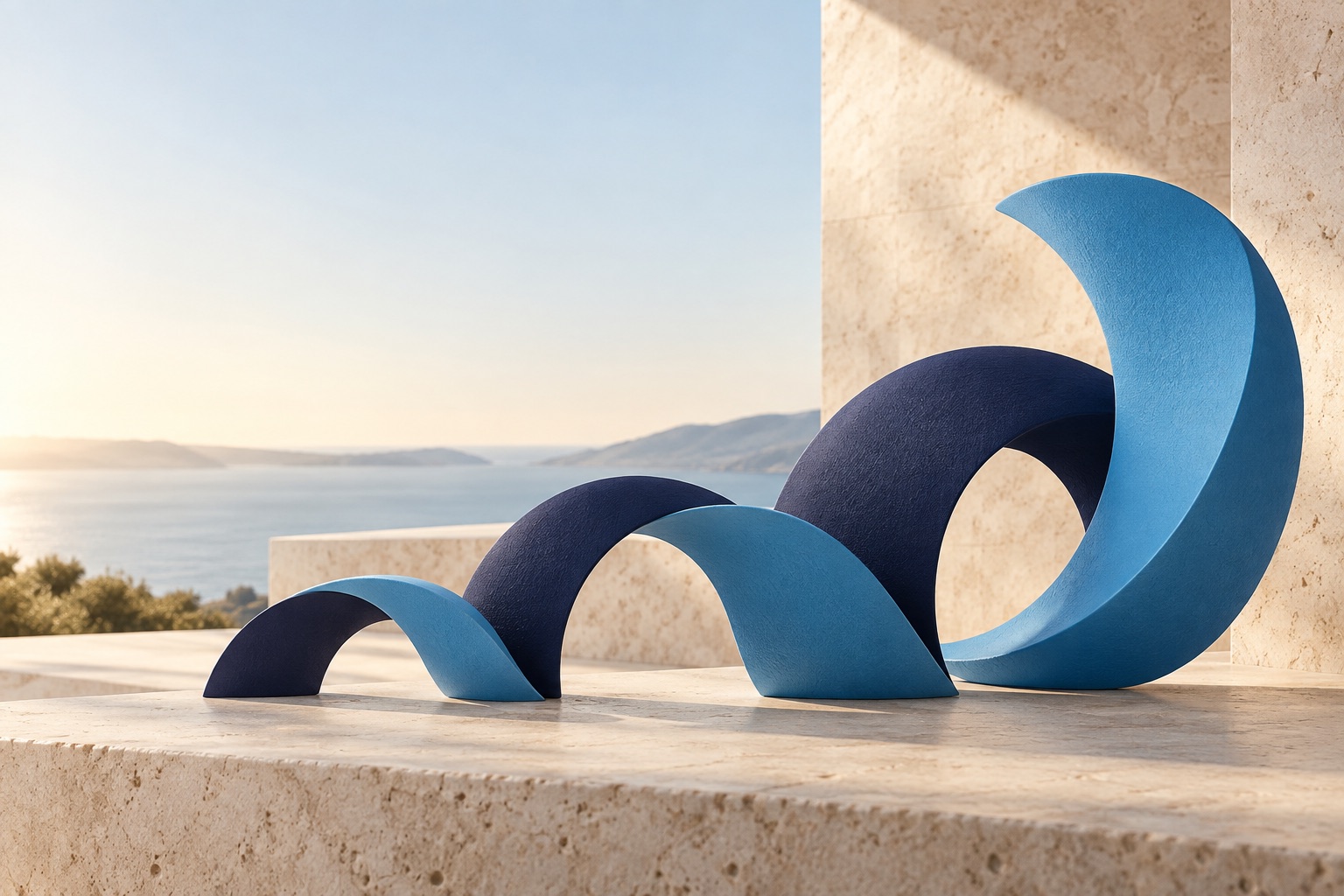 Abstract blue forms arranged in an ascending sequence