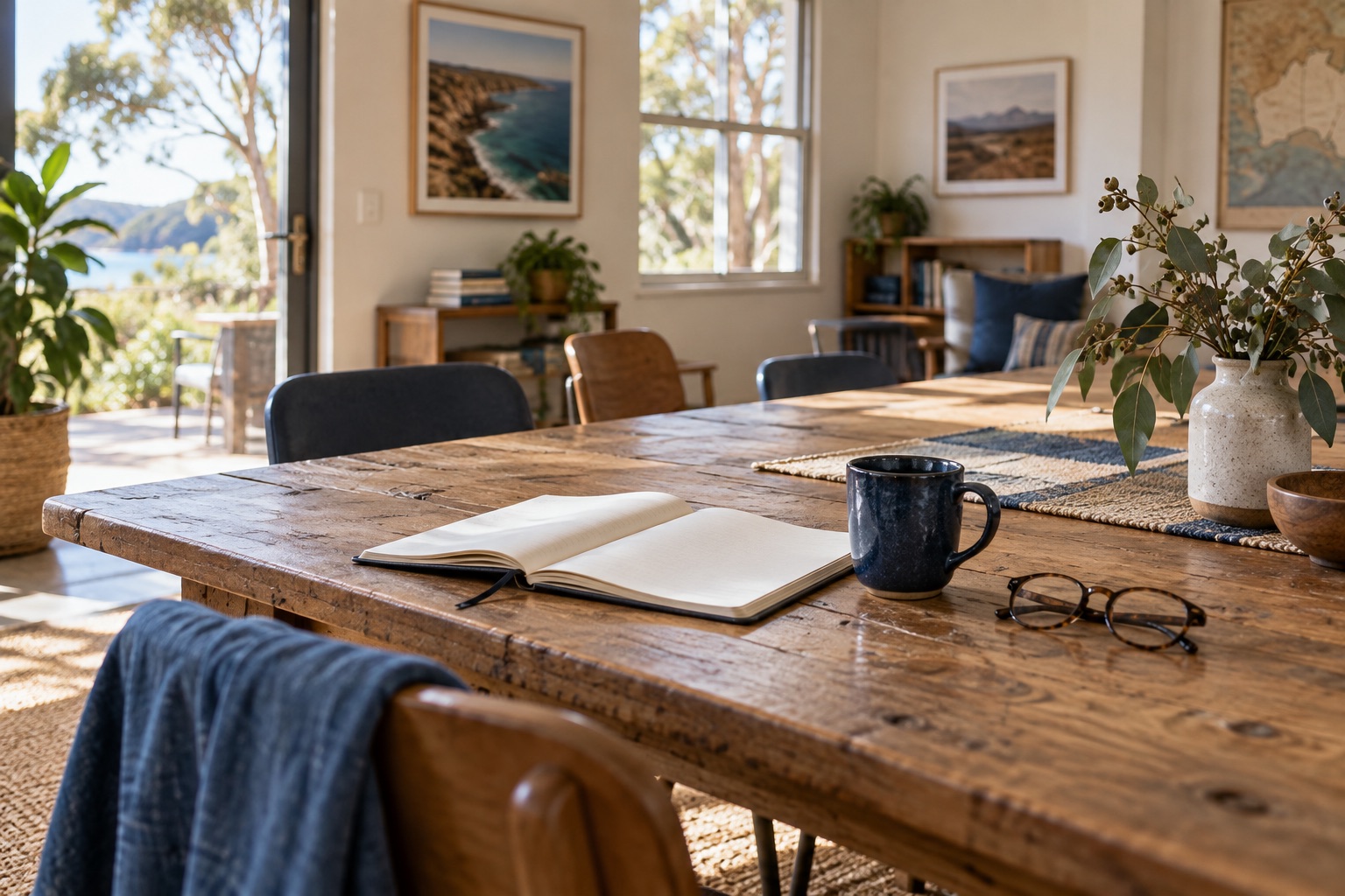 Illustrative sunlit community room with an open notebook at a shared table