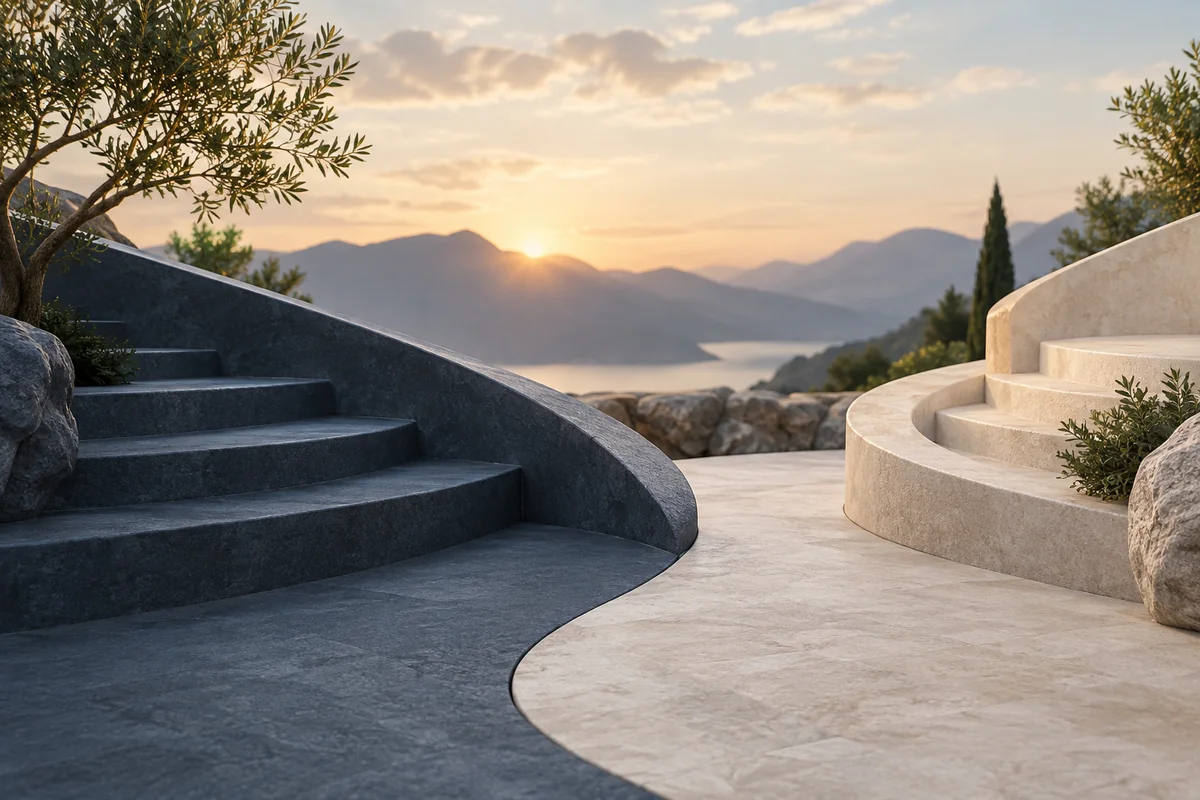 Illustrative image: Sculptural slate and ivory paths meeting.