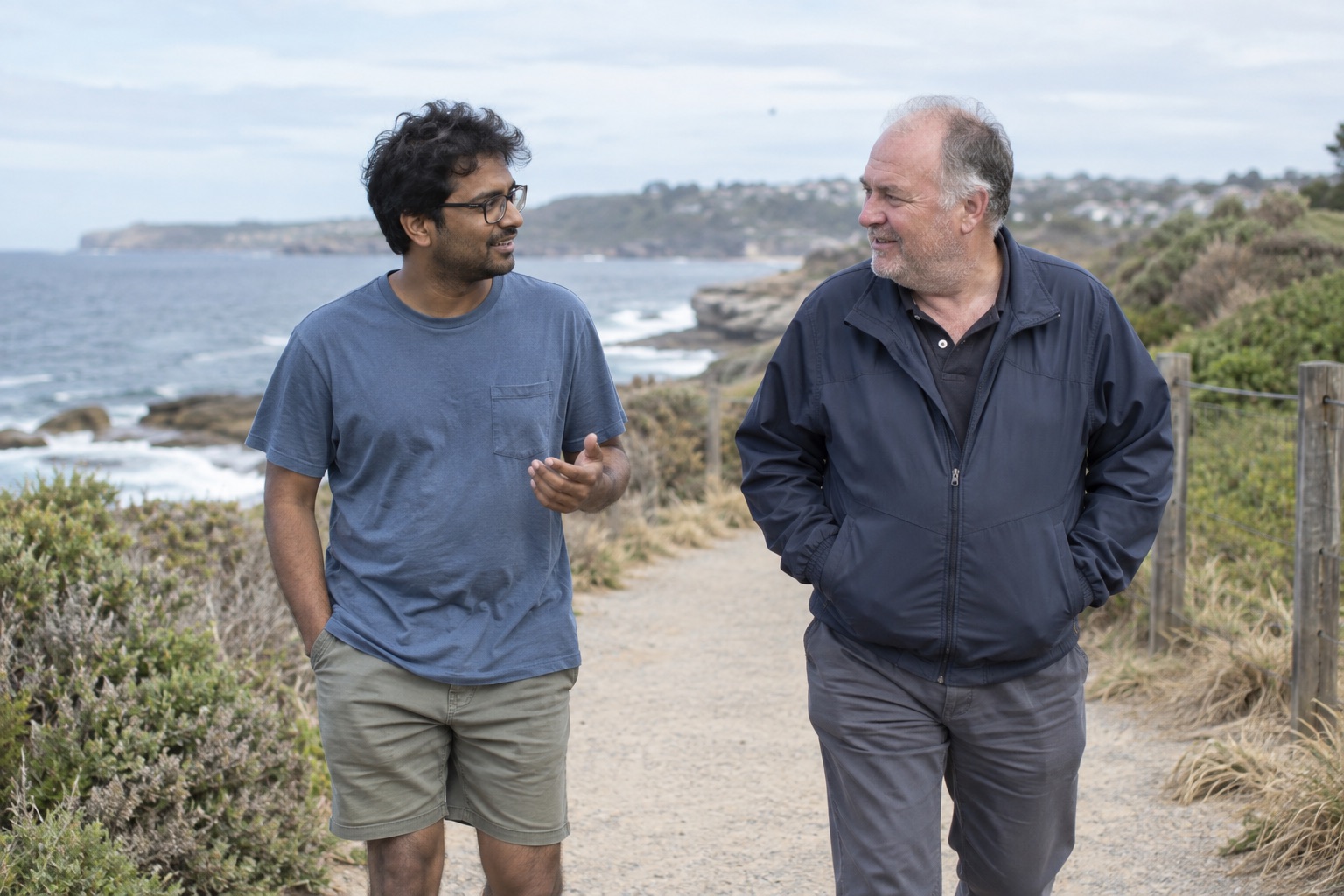 Illustrative image of two men talking on a coastal walk