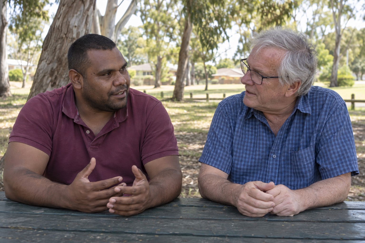 Illustrative scene of two men in conversation outdoors