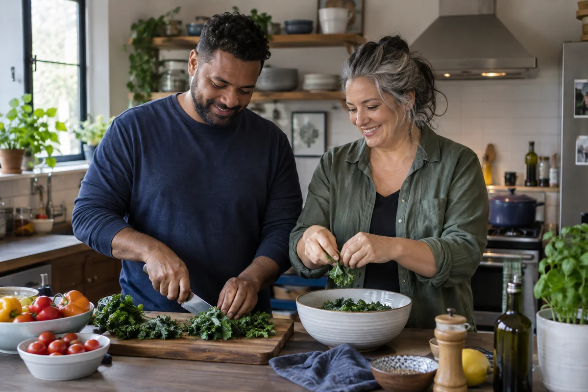 Illustrative image: Two adult partners preparing a meal at home.