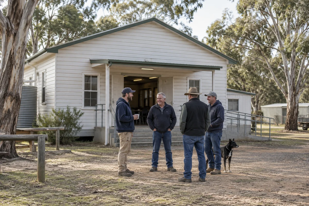 Illustrative image: Men outside a modest regional community hall.
