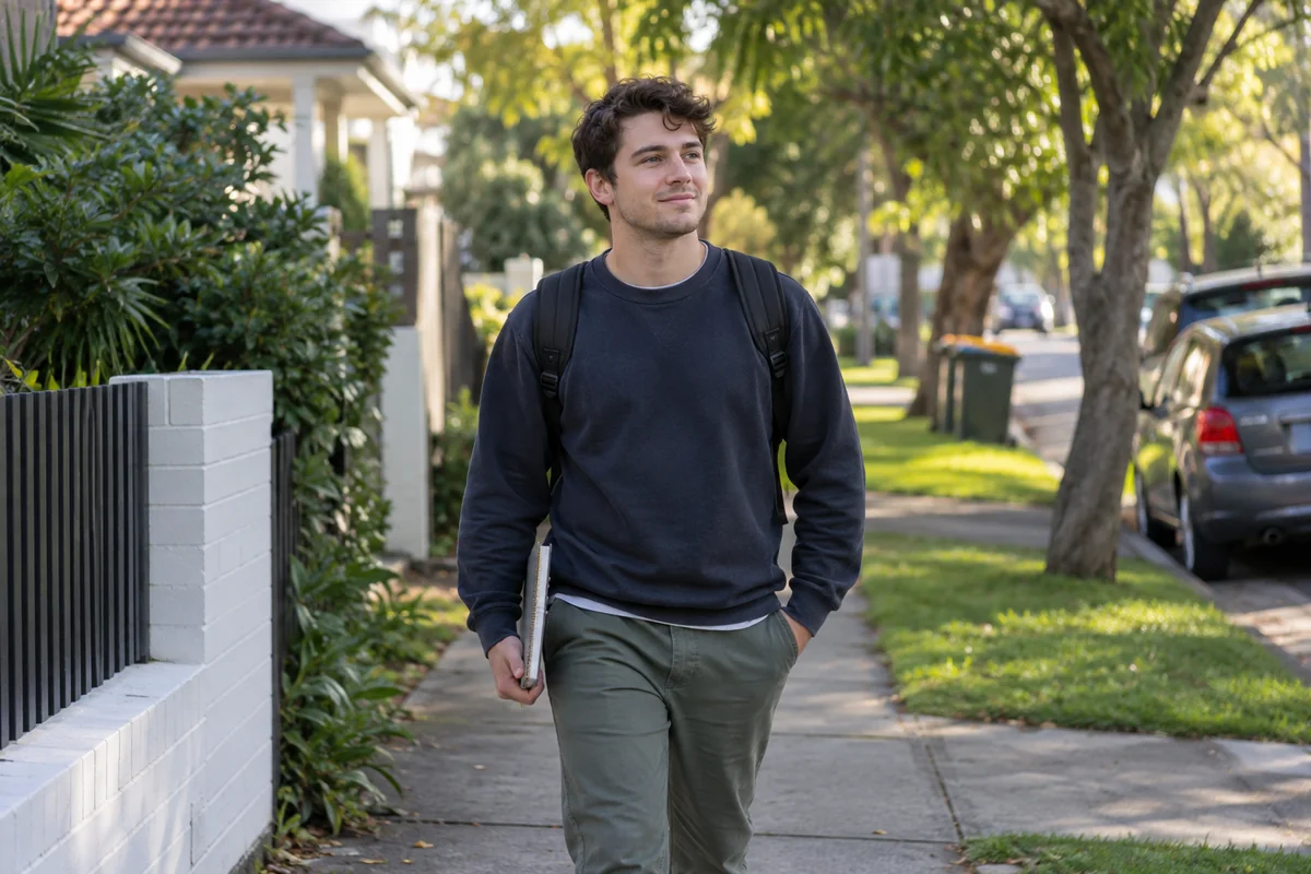 Illustrative image: Young man walking along a suburban footpath with a notebook.