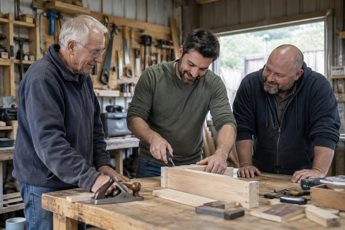 Illustrative image: Men working on a woodworking project together.