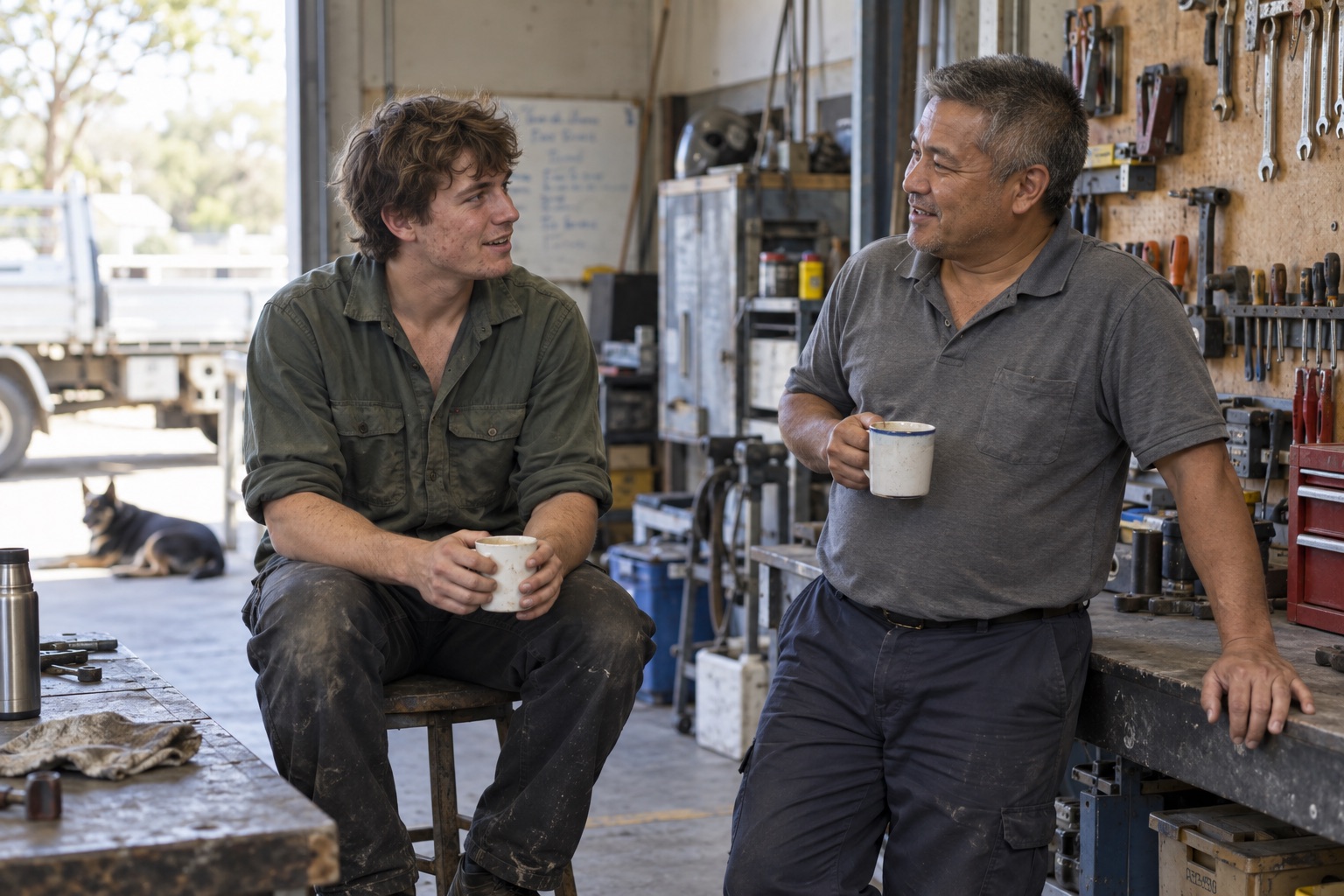 An illustrative scene of two men having a conversation in a workshop